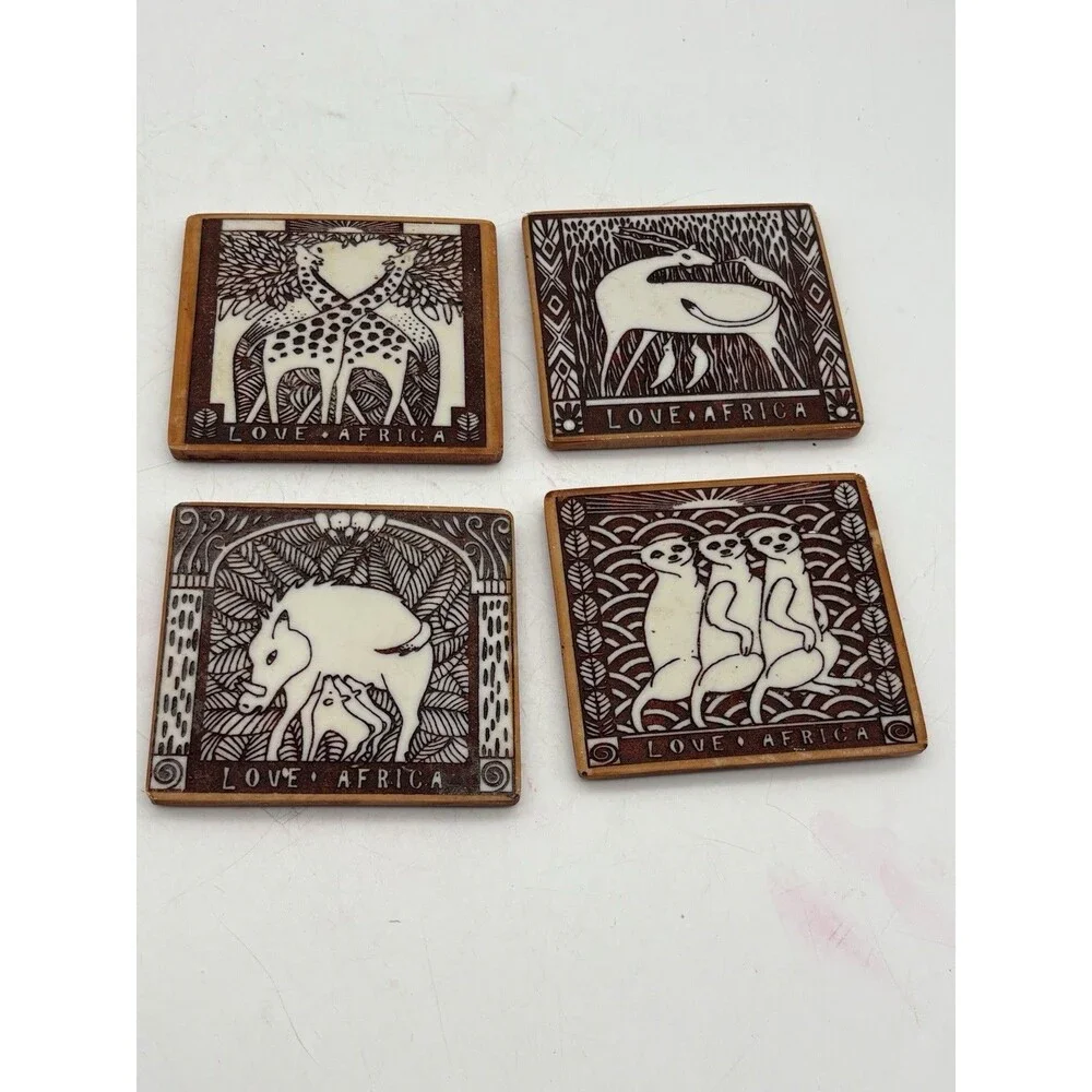 Set of 4 Love Africa Safari Animal Wood Coasters Giraffe Antelope Warthog